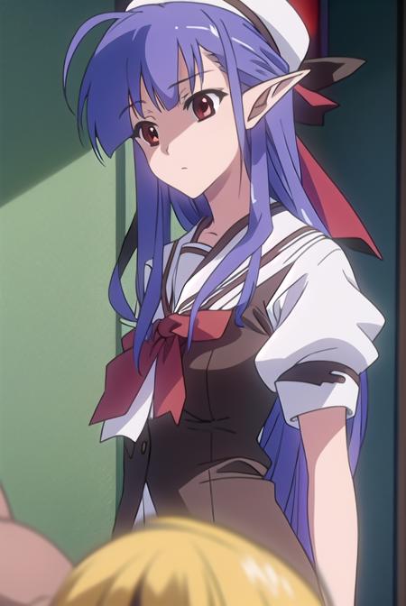 shufflenerine, <lora:nerinetest:1>,
nerine, long hair, blue hair, pointy ears, (red eyes:1.5),
BREAK skirt, hat, school uniform, short sleeves, socks, puffy sleeves, puffy short sleeves, beret,
BREAK looking at viewer,
BREAK indoors, classroom, 
BREAK <lora:GoodHands-vanilla:1>, (masterpiece:1.2), best quality, high resolution, unity 8k wallpaper, (illustration:0.8), (beautiful detailed eyes:1.6), extremely detailed face, perfect lighting, extremely detailed CG, (perfect hands, perfect anatomy),