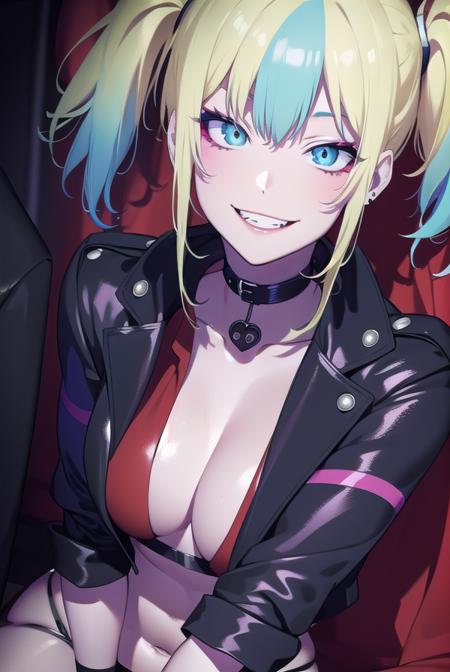 harley quinn, bangs, blue eyes, blonde hair, twintails, blue hair, multicolored hair, choker, gradient hair, makeup, piercing, pink hair, lips, lipstick, red lips, thighhighs, gloves, navel, cleavage, jewelry, jacket, open clothes, shorts, black gloves, midriff, black thighhighs, fingerless gloves, collar, bracelet, open jacket, black jacket, crop top, torn clothes, short shorts, tattoo, chain, spikes, cropped jacket, spiked bracelet, spiked collar, micro shorts, multicolored jacket,