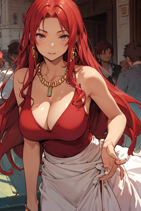 AuraCapua, 1girl, solo, long hair, large breasts, cleavage, jewelry, red hair, necklace