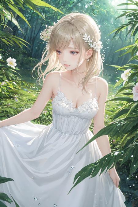 1girl,(low_angle),water spray, leaf,flowers,forest,droplets,sea,droplets, white dress,best quality ,masterpiece, illustration, an extremely delicate and beautiful, extremely detailed ,CG ,unity ,8k wallpaper,GRASS,  hair flower, cute,scene depth,bare arms, holding flower, collarbone,<lora:åç:0.4>