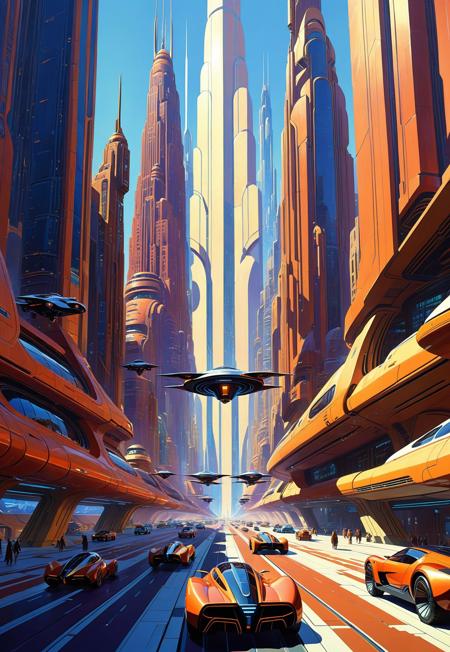 Impressionism, centered, Tiny brush strokes, A sprawling futuristic cityscape with sleek flying vehicles and towering art deco skyscrapers, Syd Mead style, the year is 2845, piece is rendered in 3D CGI, shadows, animated cell-shading, accurate, refined, defined, highly detailed, surrealism, follow negative prompts,