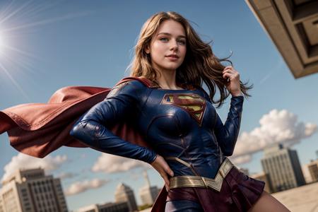 DC movies,from below,photo of a 18 year old girl,supergirl,hands on hips,happy,looking at viewer,blue eyes,outdoor,windy,ray tracing,detail shadow,shot on Fujifilm X-T4,85mm f1.2,sharp focus,depth of field,blurry background,bokeh,motion blur,<lora:add_detail:1>,