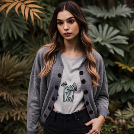 <lora:MollyLittle:0.7> MollyLittle, (mushroom tattoo), long hair, grey sweater, unbuttoned, tattoo, skinny, buttons, sweater, foliage, plants, shirt, (masterpiece, high res, photorealistic)