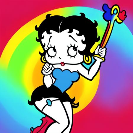 <lora:bettyboop:0.7> a bettyboop girl  holding a wand, rainbow