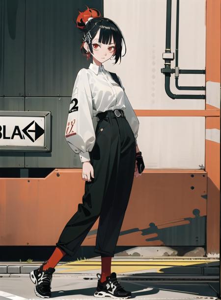 best quality, 4K wallpaper, masterpiece, extremely detailed CG unity 8k wallpaper, extremely detailed eyes, ultra-detailed, intricate details, 1girl, solo,red eyes, Balenciaga outfit, shirt, hair ornament, trousers, black legwear, shoes, looking at viewer, public, road sign, street park, street, <lora:clothingbrend:0.6>