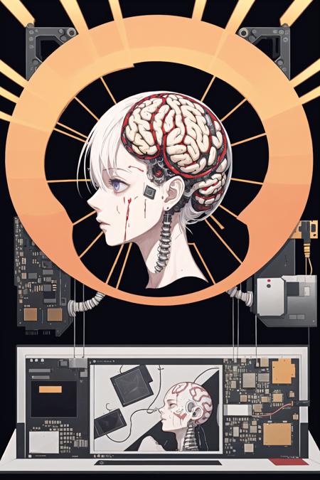 The scalp was peeled to reveal the brain inside,
The brain is plugged in with electronic components and next to it is a display screen