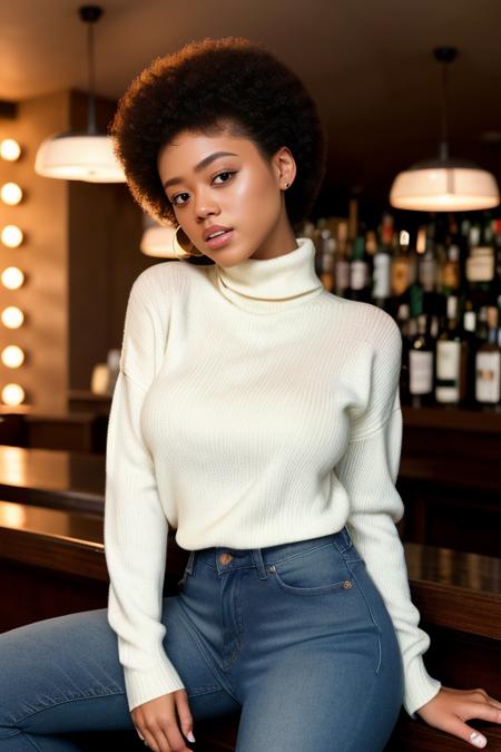 portrait photo of Stormi Maya, ((turtleneck sweater, jeans))  beautiful woman (huge afro) nightclub sitting at bar (masterpiece) (best quality) (detailed) (8k) (HDR) (wallpaper) (cinematic lighting) (sharp focus) (intricate)<lora:StormiMaya:1.0>