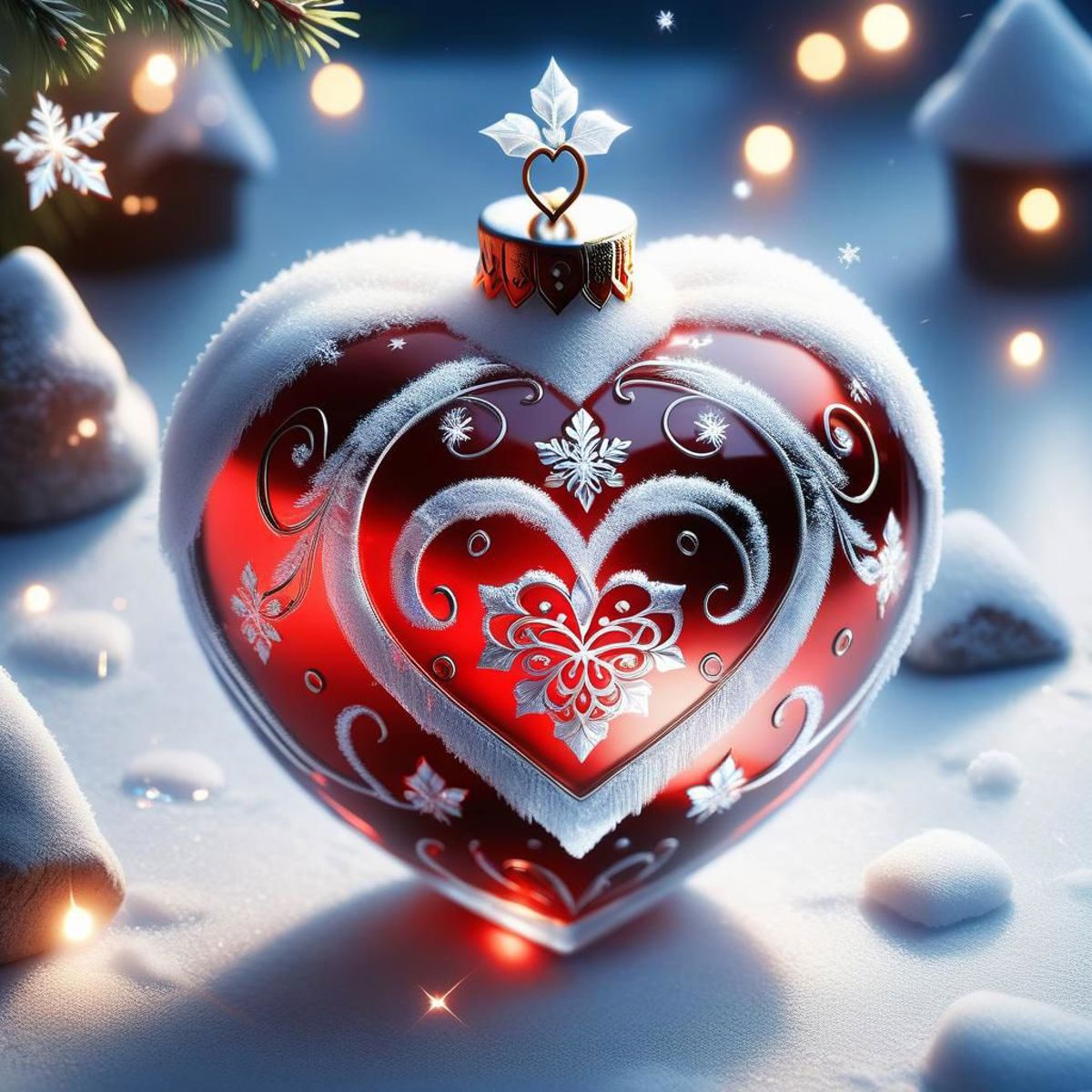 A decorated red heart ornament on a snowy surface.
