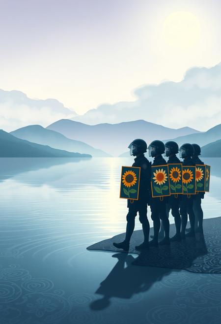 A luminous lake stretches out in quiet stillness, bathed in soft moonlight and surrounded by gentle hills cloaked in whispering mist. The composition flows with ornamental patterns and diffused color fields—pale lavender, misty silver, and dusky teal blending into one another in rhythmic waves. But on the lake’s edge, a curious disruption appears: a group of riot police rendered in sharp, stenciled forms. Their bodies are stiff, drawn with precise linework and flat shadows, holding shields marked by stylized, cheerful flowers—daisies, lotuses, sunflowers—each painted in radiant, almost childlike hues. The shields act like living murals, contradictory symbols pasted over forms of control. The composition melds flowing decorative naturalism with dynamic character-driven illustration. The tension between visual serenity and implied force is subtle yet powerful, creating a layered scene rich in symbolic storytelling and aesthetic contrast.