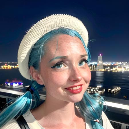 pleading expression, zoec , candid snapshot of 1girl, from below, finger touching lips,  nurse's hat, heavy makeup, eyeliner, twin tails, blue eye shadow (((aqua hair))), heavy eyelids,face details, (night bokeh background), forehead, freckles, sharp focus, high contrast, laughing, motion blur, wide eyes