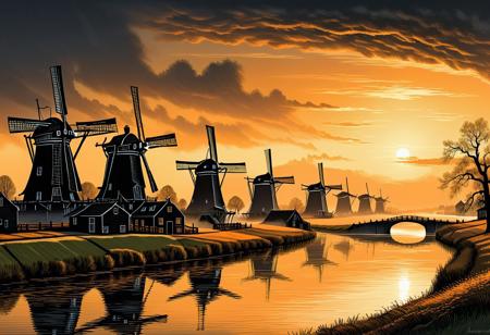 Three Dutch windmills in a row along a wide but gently flowing river. The scene is seen at sunrise, with a mist over the waters of the river, diffusing the orange-yellow glow of the rising sun. In the background behind the windmills are a line of trees. scratchboard illlustration