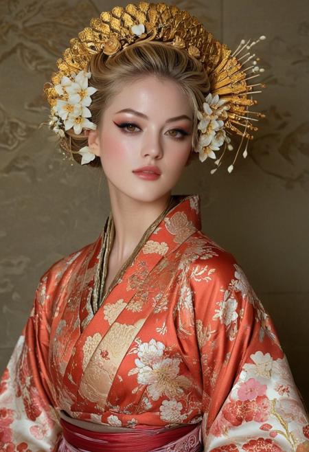 swiss model Julie ordon dressed and make up like a 18th century japanese geisha