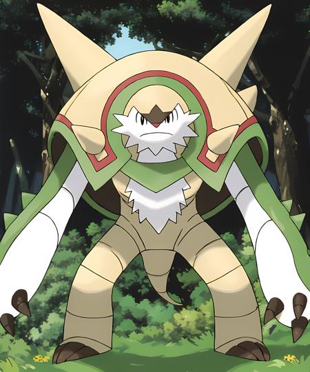 chesnaught, claws, stand, (grass, forest):1.13, daytime, sunny <lora:Chesnaught:0.85> sugimori ken \(style\) <lora:pokemon_v3_offset:1>