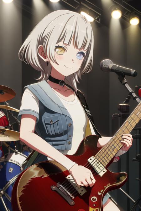 best quality, masterpiece, highres, solo, {kaname_rana_bangdreamitsmygo:1.15}, short_hair, bangs, blush, grey_hair, collarbone, closed_mouth, yellow_eyes, heterochromia, instrument, smile, blue_eyes, 1girl, guitar, electric_guitar, white_hair