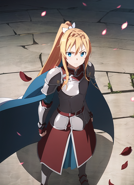 sao anime style <lora:sao_anime_style_offset:1>, alice zuberg, 1girl, armor, armored dress, blonde hair, blue cape, blue eyes, bow, braid, braided ponytail, cape, closed mouth, cracked floor, energy, fantasy, fighting stance, floating hair, gauntlets, glowing, gold armor, hair bow, hairband, knight, long hair, looking at viewer, low-tied long hair, petals, serious, shadow, sheath, shoulder armor, solo, standing, white bow, white hairband, ((masterpiece))