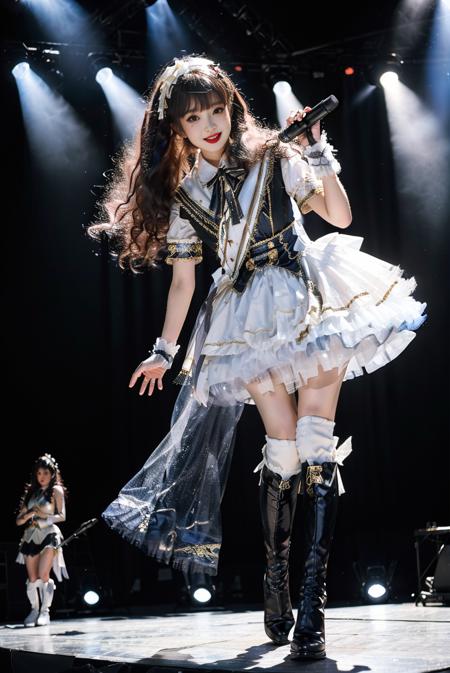 realistic, photorealistic, masterpiece, best quality, idol_costume, white knee boots, 1girl, solo, smile, idol, full body, looking at viewer, long black hair, standing on stage, stage lighting, stage spotlight, detailed background, singing, holding microphone, audience, <lora:Cute Asian Face:0.6>, <lora:idol_costume_style1_v2:0.7>