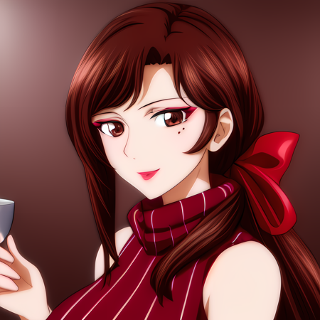 ((best quality)), ((illustration)), ((masterpiece)), unreal engine, 3D, artstation, high quality, highres, absurdres, 1girl, solo, red around eyes, light smile, lips, bare shoulders, turtleneck, medium breasts, red pullover, defined face, shaded face, long hair, brown hair, wavy hair, low ponytail, red ribbon, blush, makeup, brown hair, brown eyes, mole, mole under eye, lipstick, looking at viewer, short hair, eyeshadow, <lora:TangYue:1>, upper body, portrait, sleeveless, full body, holding cup, cafe, coffee mug