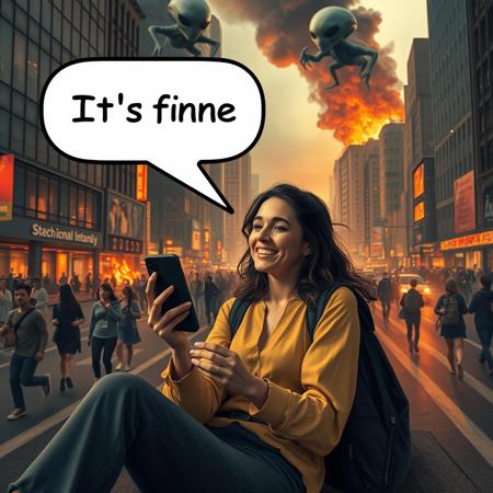 woman sitting in city playing with phone with text bubble above her head saying "It's fine", relaxed, happy, aliens attacking, chaos around her, people running, buildings burning, dynamic angle, warm hues, realistic, photorealism, hd, 8k, high definition, score_9, score_8_up, score_7_up, score_6_up,