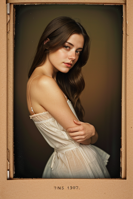 MegBellamy, ((1900s photograph, Gibson tuck, soft blush wearing cotton chemise with square neckline, ruffled cuffs, and delicate lace trim, antique setting)), Century Camera Co. Studio, 160mm f/8, 1/10s, ISO 25, ((tintype))