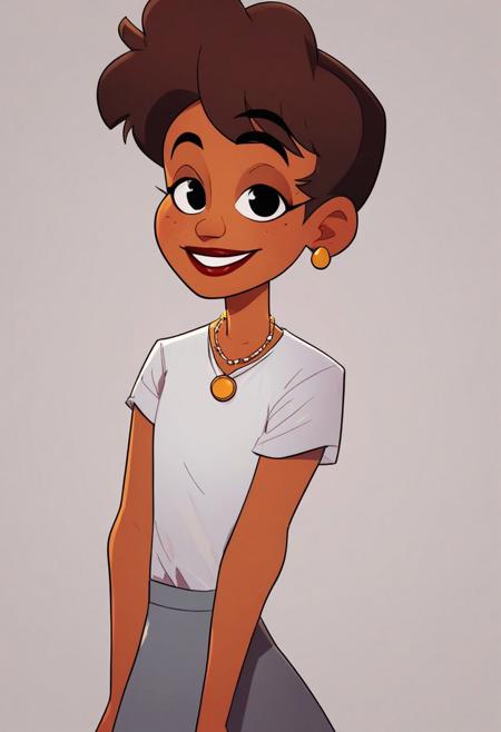 rosie yodels, 1girl, solo, earrings, brown hair, short hair, smile, white school shirt, grey skirt, black eyes, golden natural tan skin, lipstick, necklace, score_9, score_8_up, score_7_up, score_6_up, score_5_up, score_4_up, looking at viewer, cowboy shot,simple background, Koala Man (TV Series)