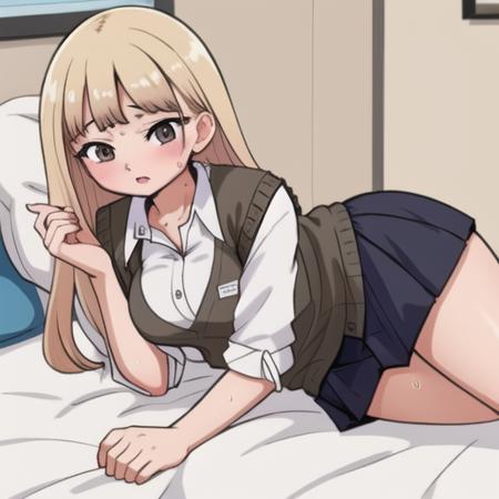 masterpiece, best quality, high quality, <lora:yamada-v2-06:1>, sw3ater, 1girl, sweater vest, blonde, bed, lying, blushing, sweat, black skirt