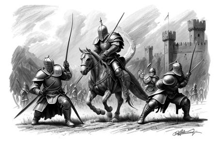 Pencil sketch, intricately detailed, rich shadows, highest resolution, highest quality, 8k UHD, 
best perfect realistic HD ultra HD 4k clear and detailed image, battle knights with a large and fearful fire dragon, nearby castle, weapons swords, crossbows, bows, detailed visualizations of knights, dragon and landscape, detailed depiction of their faces and weapons and armor, and o ...