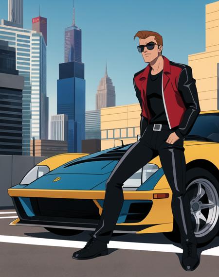 1990s cartoon still, full body portrait, a cool man wearing leather and sunglasses leaning against a sports car, sunglasses, arns crossed scowling, futuristic city background, 1boy, 4k textures, epic artistic, cartoon art, saturday morning cartoon aesthetic, sharp focus, even lighting, insane details, intricate details, hyperdetailed, rich colors, staring at viewer, looking into camera