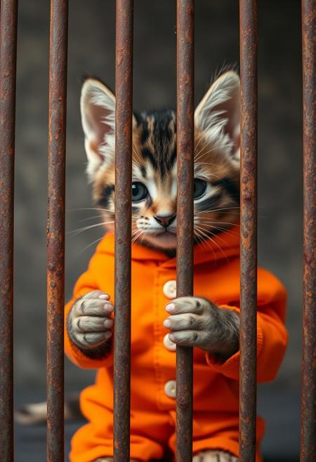 A whimsical scene unfolds: a tiny kitten, clad in a vibrant orange jumpsuit, sits confidently behind rusty metal bars. The jumpsuit's bright hue pops against the dull prison backdrop, while the kitten's curious gaze and perky ears convey a sense of mischief. The bars' industrial texture contrasts with the softness of the kitten's fur, adding to the visual intrigue.