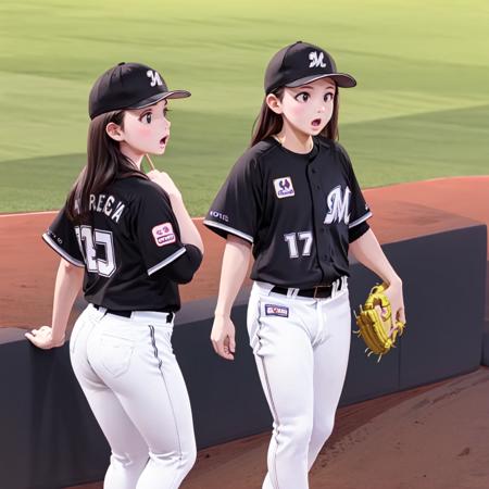 best quality, ultra-detailed, illustration,
chibalotteV, 2girls, white pants, open mouth, baseball cap, baseball uniform, belt, baseball mitt, black hair, shirt, long hair, standing, black shirt, outdoors, black headwear, baseball stadium, 
<lora:Chiba_LOTTE_MARINES_Visitor_uniform_SD15_V1:1>