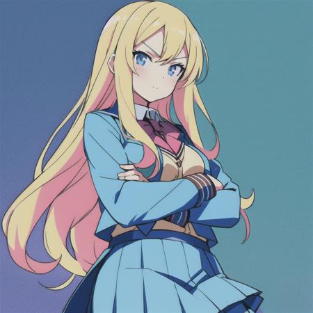 Niji style,solo,day,anime coloring,cell shading,masterpiece, best quality,  1girl,crossed arms, blonde hair,school uniform,blue skirt