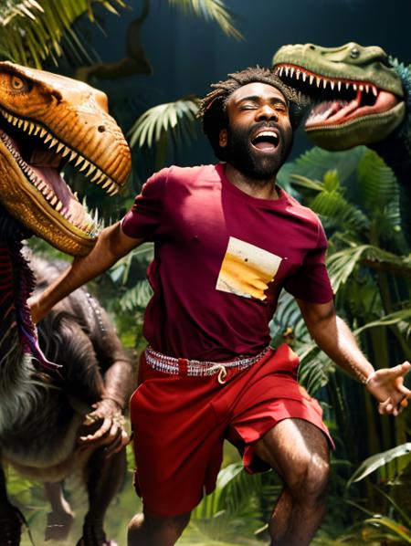 A high res photo of donald glover with a long beard <lora:donald:1> dressed in t-shirt being chased by a tyrannosaurus rex in a jungle, screaming  <lora:crazyExpressions_crazyExpressions:0.5> horrified, scared, crying