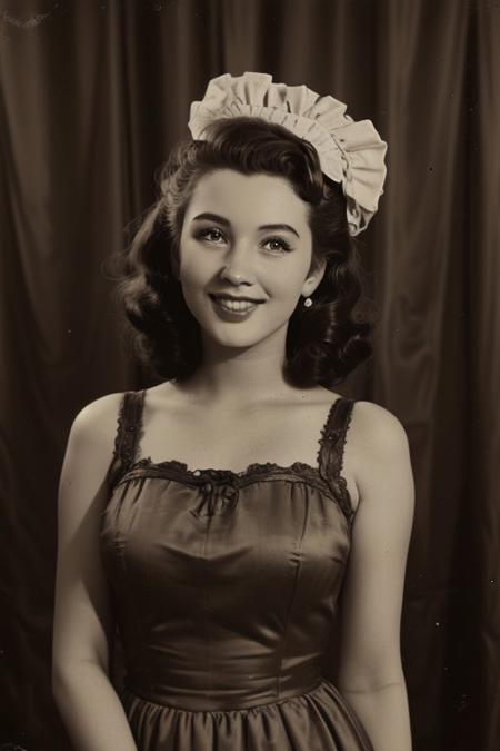 retro pin up photo , (Sepia:1.2), a opera singer, dressed up,1950s Fashion, MAKEUP ,Shoulder out, poses in front of the camera, Hollywood Smile, realistic photo 、