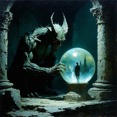 Painterly dark fantasy illustration, style of Brom and Zdzisław Beksiński. Medium close-up: Ancient stone gargoyle, hunched posture, gazes intently into a luminous crystal orb glowing with cool white light. Within the orb, a sharp, miniature vision: an unaware human on a mundane street. Dramatic moonlight casts stark highlights on weathered, moss-flecked stone, contrasting deep abyssal shadows. Visible, textured brushstrokes. Swirling nocturnal mist obscures the distant city. Atmosphere of intense concentration, arcane observation, eerie stillness.