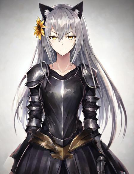 1girl, armor, grey cat ears, vivid colors, by k-suwabe, hair flower, closed mouth, collarbone, long hair, dark silver hair, looking at viewer, short hair, simple background, , solo,  cold, hatred, dark, dark gold eyes, eyebrows showing through hair