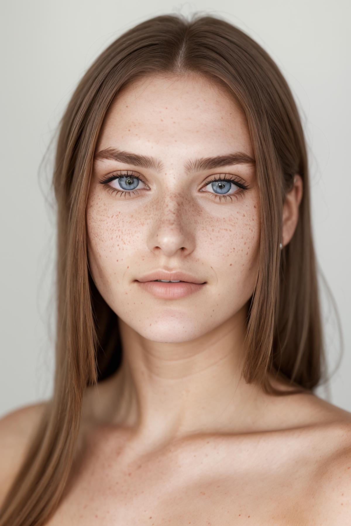 A close-up of a woman with blue eyes and freckles on her face.