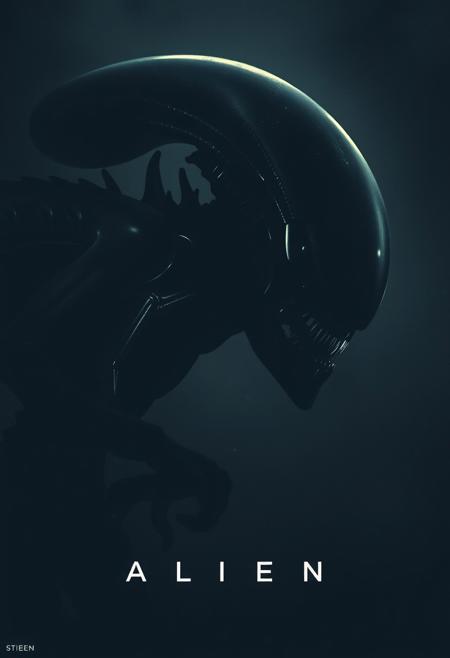 Movie poster (Xenomorph Alien lurks in the darkness) . (minimalism: 1) , ray tracing details . Style by Stephen Gammell .