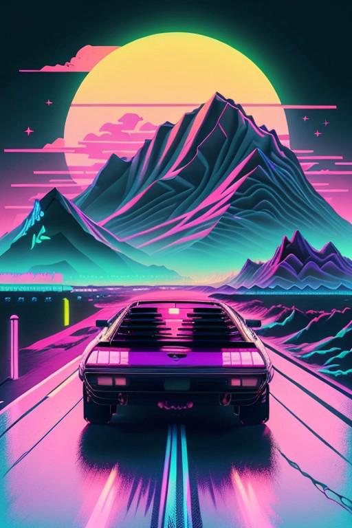 (synthwave:1.2), (neon sun)  scanlines, wireframe, mountains, palm tree, vectorized,(retrowave), (vaporwave), purple blue pink yellow orange blue black, car, car on road, motion lines, car mid-drift, retro 80's inspired car design, sleek, sharp lines, car with neon underglow, neon, dark background, (highres), best quality, high quality, (masterpiece), intricate detail, [[raytracing]] <lora:retrowave_0.12:0.7>, neonskiesai,