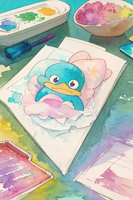 (moist paper,bright watercolor style,comfort,pastel painting illustration,concise,watercolor rendering,natural rendering,pigments mix naturally:1.3),Perry the Platypus,spy,
 <lora:Perry:0.6>