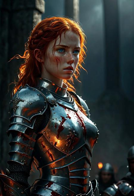 A beautiful Warrior girl with wavy red hair Standing on the a bloody battlefield. Her iron armor are intricately detailed and reflecting flickering light, Dark fantasy style, The light of dark fantasy battle illuminates her determined expression as she prepares to face the enemy, Close up. Dark fantasy style,  Standing on a battlefield at the head of an army of knights, where a bloody slaughter is taking place, (standing in a vigorous pose: 1.5), (direct eye contact: 1.3), whole athletic body, cinematic lightning, intricately detailed iron armor, The scene is reminiscent of a Greg Rutkowski concept art piece, realstic blue eyes, realistic freckled pale face covered in blood, with dramatic lighting and a dark, curvy, looking at viewer, gritty atmosphere, Ultra-detailed, Raytracing reflections, High contrast, beautiful Warrior girl, beautiful firm body, girl athletic figure, (very pale freckled face: 1.3), oranges, and greens, attractive 21 years old woman, cinematic lightning, Cinematic film still, Medium shot. Best quality, Masterpiece, The scene is reminiscent of a Greg Rutkowski concept art piece, realistic pale face covered in blood, with dramatic lighting and a dark, gritty atmosphere, asymmetrical balance, adding to the intense and dynamic atmosphere of the scene