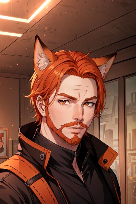 Roiadan Vanzey,  Osenayan , (masterpiece,  best quality),  animal ears,  solo,  facial hair,  1boy,  male focus,  fox ears,  parody,  orange hair,  indoors,  beard,  stubble,  looking at viewer,  lips,  upper body,  brown eyes,  animification,  nose,  jacket,  cosplay,  rule of thirds, <lora:EMS-49410-EMS:0.400000>