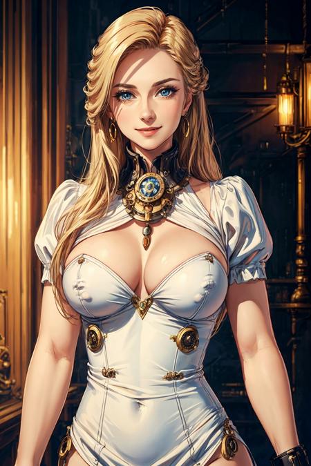 (mature woman:1.4), solo, blonde long hair, blue eyes, smile, short white dress, big breasts, nipples, <lora:beautifulDetailedEyes_v10:0.8>, <lora:add_detail:0.8>, ((masterpiece)), (high quality), (best quality), (detailed), hd, perfect lighting, detailed face, detailed body,<lora:Steampunk:0.5>, steampunk,