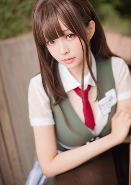 masterpiece, best quality,(realistic, photo-realistic:1.37),elyee, 1girl, solo, 1girl, solo, brown eyes, brown hair, long hair, looking at viewer, school uniform, masterpiece ,upper body,cleavage,breasts