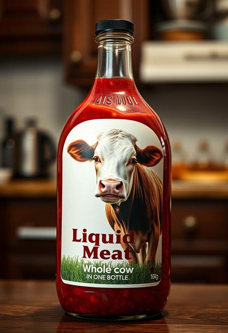 A bottle of red-brown liquid with a picture of a realistic cow on the front, the label says "Liquid Meat. Whole cow in one bottle", realistic, masterpiece, photo-realistic, on a kitchen table,