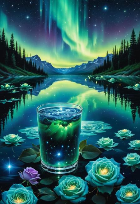 In the cup at night, the stars are dotted, reflected on the silky smooth lake, the aurora streaks across the sky, the fairy light is soft, and the stars are twinkling. The blue roses on the lake float in the dim light, and the deep blue night sky reflects the light of the sky on the lake surface. The aurora shows gradient colors of green, blue, and purple. The blue roses on the lake add a sense of mystery and fantasy. Dreamy and mysterious, the blue roses on the lake and the shooting stars in the sky form the visual focus, creating a profound Sense of space. Overall, this mug depicts a dreamy night scene, with stars and auroras intertwining in the night sky and reflected on the lake.