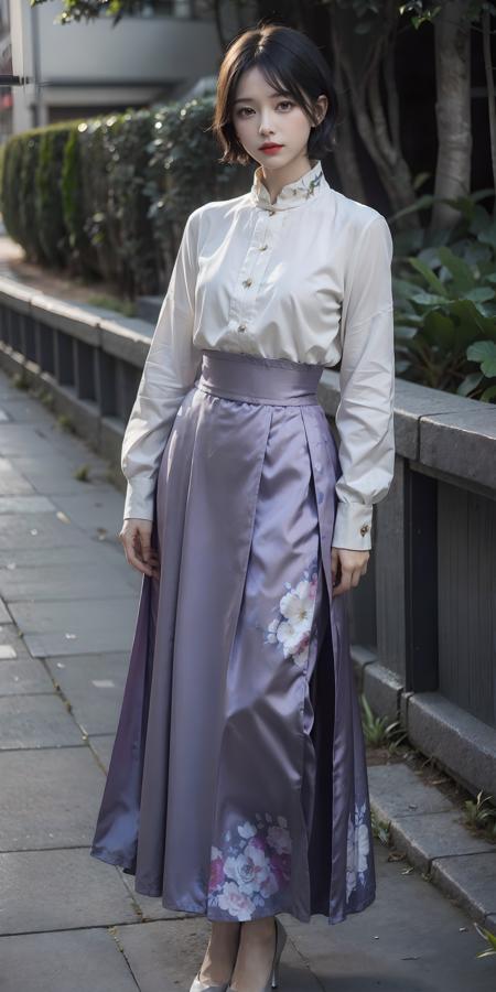 (light purple long skirt:1.2),(flowers print:1.2),(white long sleeves shirt),(feet apart:1.2),(arms behind back:1.2),high heels,1 girl,full body, high heels,(short hair:1.1), (realistic:1.7),((best quality)),absurdres,(ultra high res),(photorealistic:1.6),photorealistic,octane render,(hyperrealistic:1.2), (photorealistic face:1.2), (8k), (4k), (Masterpiece),(realistic skin texture), (illustration, cinematic lighting,wallpaper),( beautiful eyes:1.2),((((perfect face)))),(cute),(standing),(black hair),(short hair),black eyes,red lips, (outdoors),<lora:Ma-Mian_skirt:0.55>,  <lora:JapaneseDollLikeness_v15:0.4>,