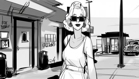 <lora:storyboard sketch:1>storyboard sketch of A woman with blonde hair wearing sunglasses and a white sundress with yellow accents is walking towards a 1950's gas station in Mobile Alabama