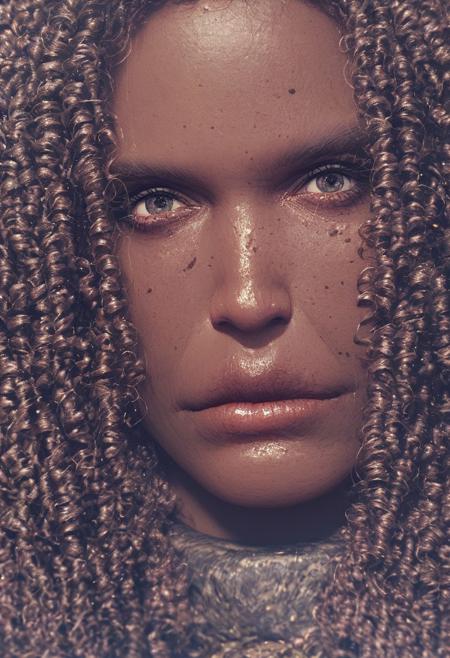 score_9, score_8_up, score_7_up,
1girl, mature, solo, a black lady by a cotton field, face turned up to the sun, close up, long hair with big curls, muddy boots, dark skin, detailed background