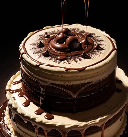 cake, chocolate, liquid splashes, merging, melting, splashing, droplets, mixing, fading away, exploding, swirling, intricate detail, model shoot style, dreamlike art, dramatic lighting. 8k, highly detailed, trending artstation