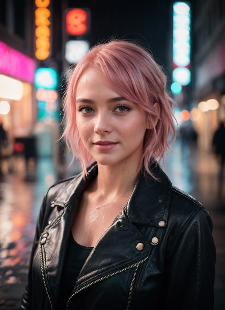 HDR, 8K resolution, intricate detail, sophisticated detail, depth of field, photorealistic, sharp focus, closeup portrait of 1girl as a cyberpunk detective, pink hair, (wet hair), (raining), rainy cyberpunk city at night, neon signs,smiling, (highly detailed:1.2),(best quality:1.2),(8k:1.2), sharp focus, subsurface scattering, award-winning photograph,(professional portrait photography:1.2),RAW photography (very detailed background:1.2), dramatic lighting,