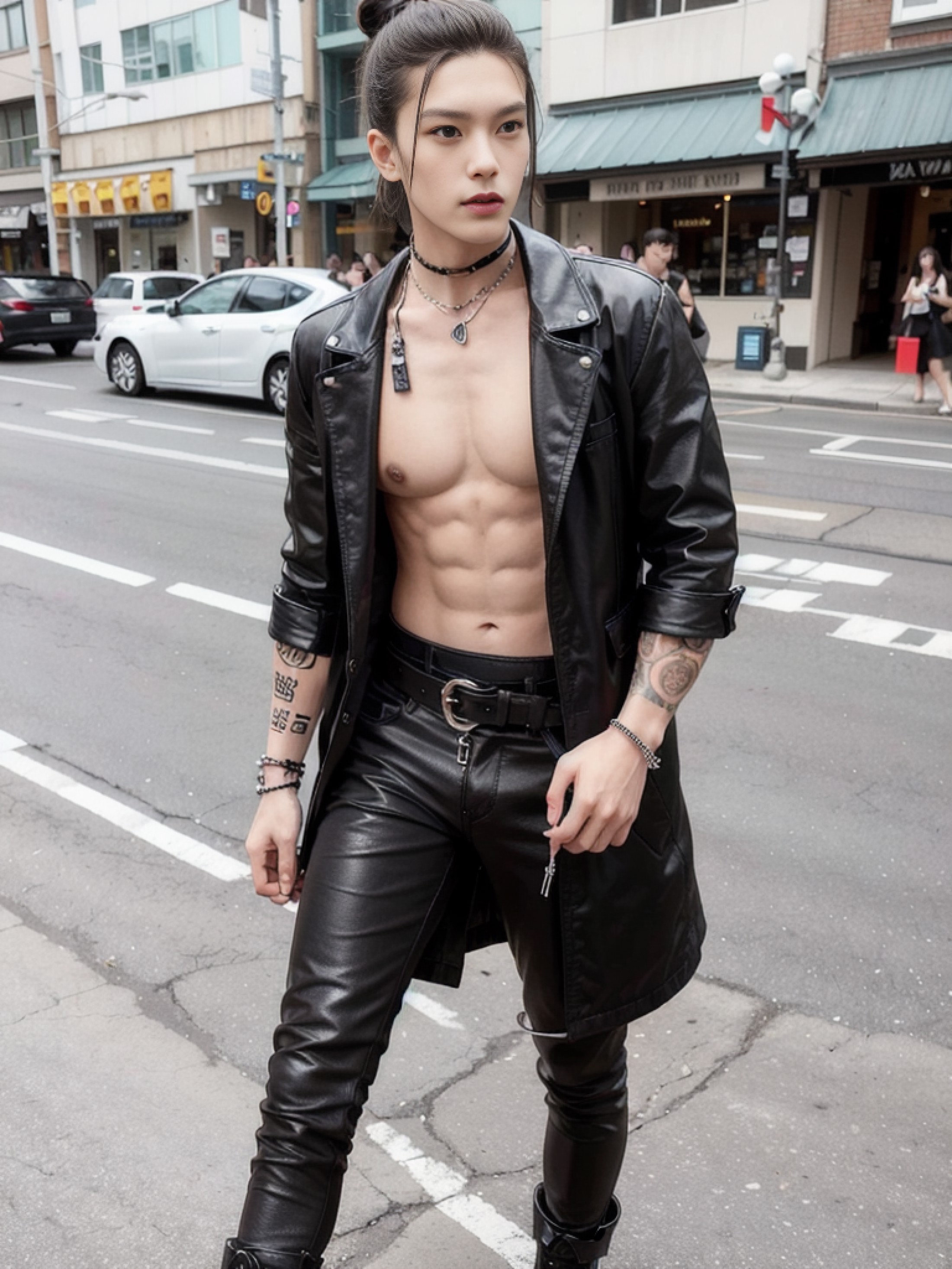 1man, solo, (no shirt),no top wear ((show abs 6 pack)), black sagged jean, skull belt, punk style, funky, skull earring, c...